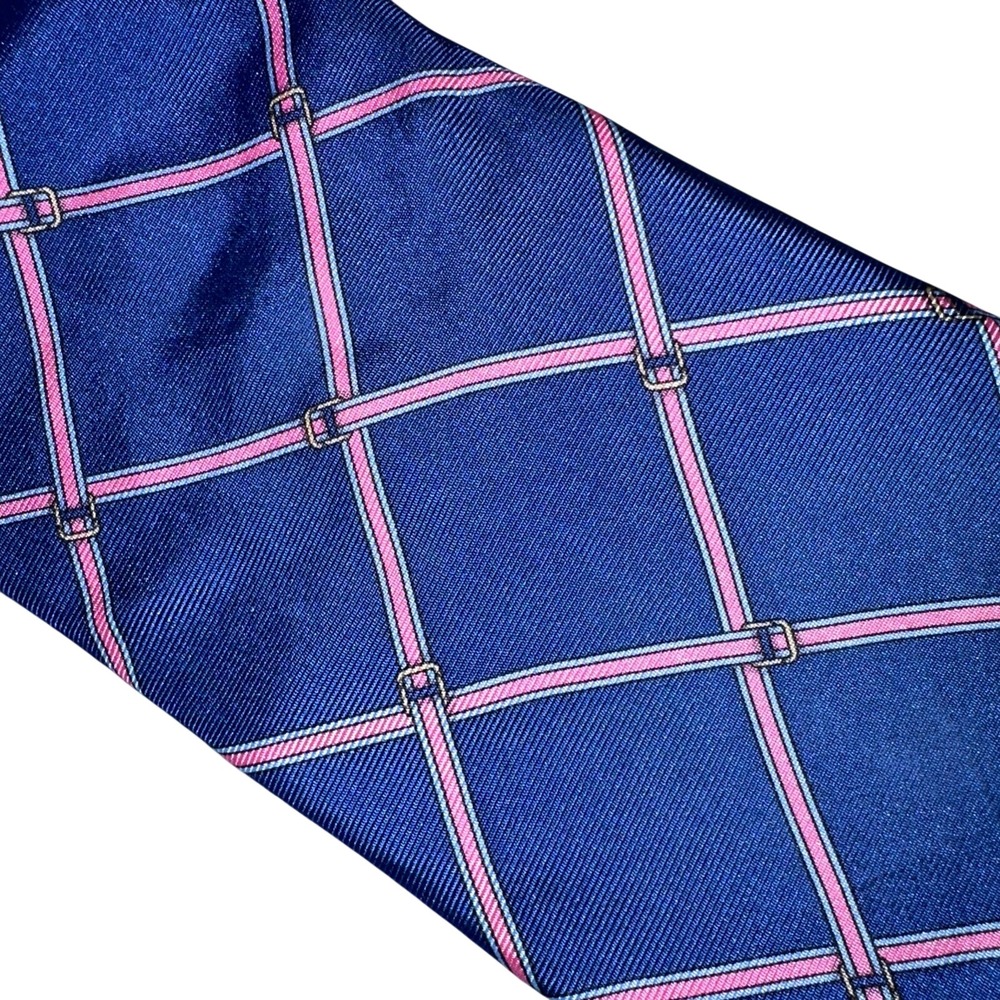Brooks Brothers Tie Mens OS Blue Pink Belt Buckle Silk Makers Geometric Lattice